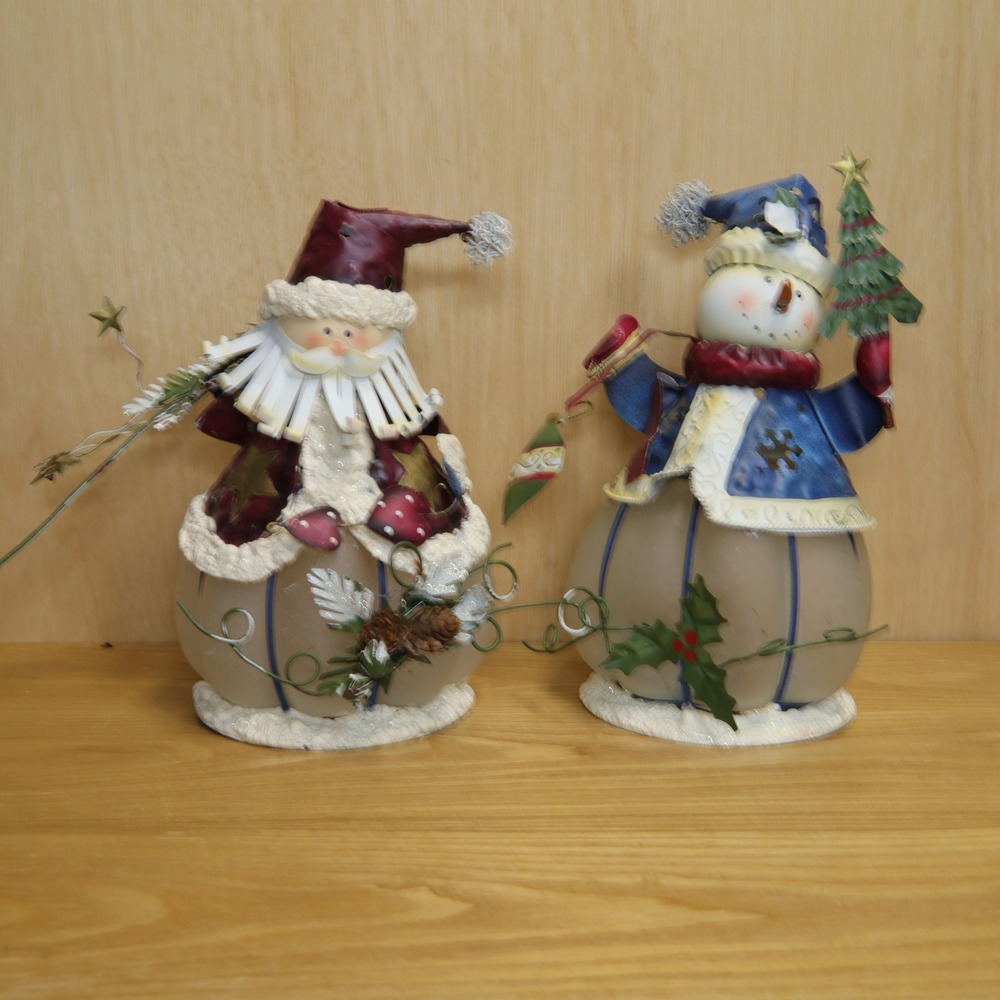 Vtg Metal & Frosted Glass Santa and Snowman Tea Light Holders Christmas Set of 2